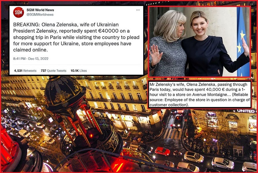 President Zelensky's wife has been in Paris for the past few days, asking for more money and support for Ukraine