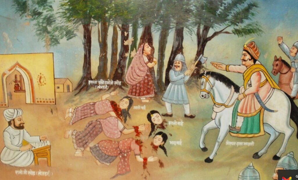 Une peinture du massacre de Khejarli à l'intrieur d'une glise locale