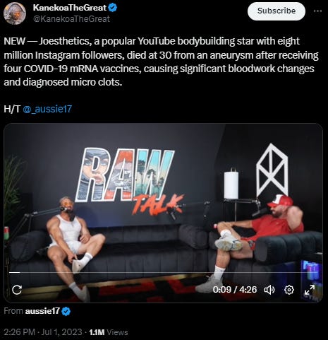 Joesthetics ดาราเพาะกายของ YouTube เสียชีวิตด้วยโรคหลอดเลือดโป่งพองในวัย 30 ปี หลังจากฉีด mRNA ของ COVID-19 เข้าไป 4 เข็ม... Joesthetics ดาราเพาะกายของ YouTube เสียชีวิตด้วยโรคหลอดเลือดโป่งพองในวัย 30 ปี หลังจากฉีด mRNA ของ COVID-19 เข้าไป 4 เข็ม...